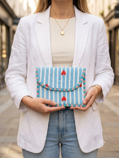 Handcrafted Quilted Cotton Hand Purse | Blue Striped Multipurpose Organizer Pouch with Heart Print | Lightweight Travel & Daily Use Wallet