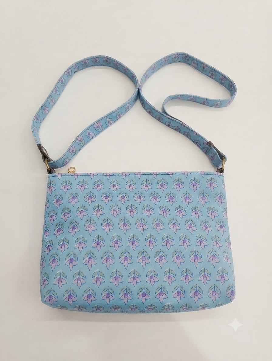 Handcrafted Floral Print Cotton Sling Bag | Sky Blue Crossbody Shoulder Bag | Lightweight Everyday Travel Purse for Women