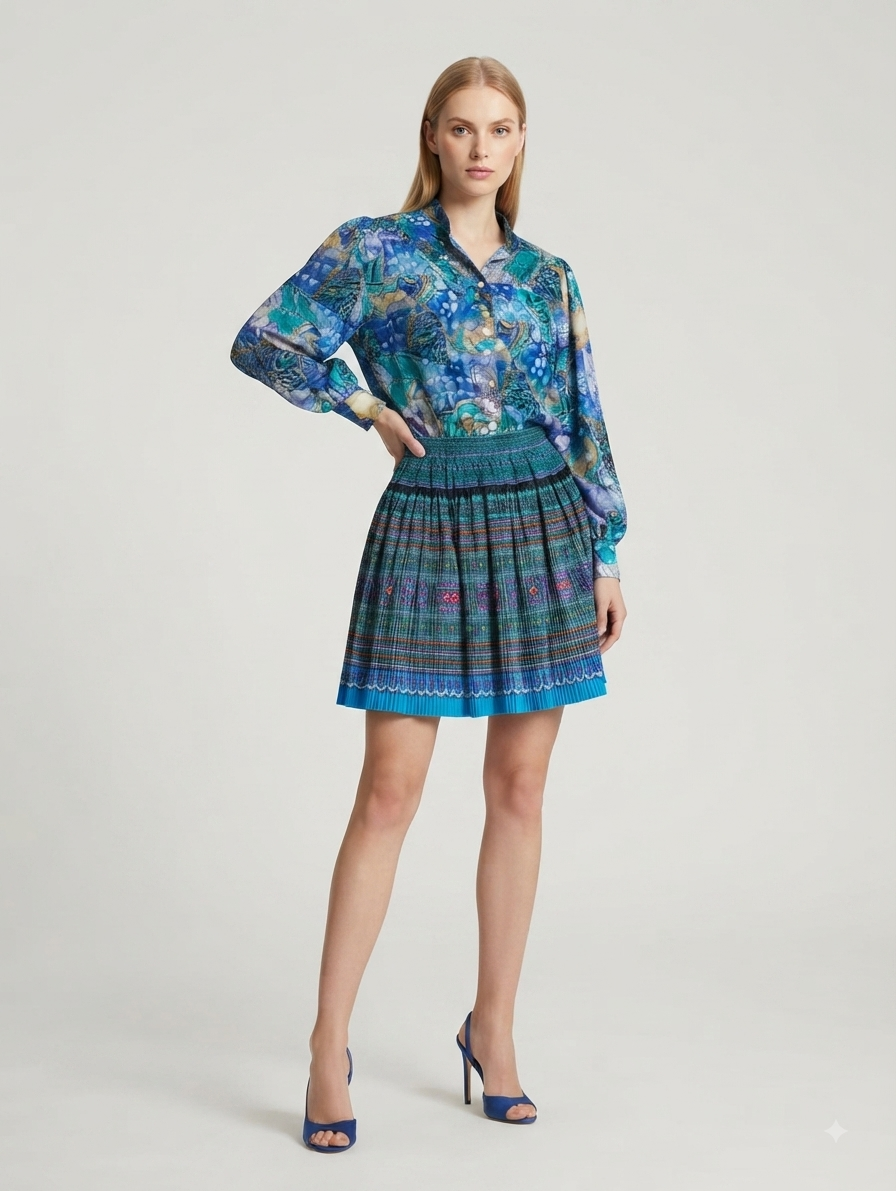 Blue Printed Above-Knee Skirt with Matching Shirt Co-ord Set