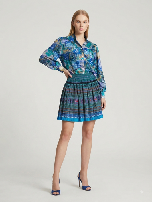 Blue Printed Above-Knee Skirt with Matching Shirt Co-ord Set