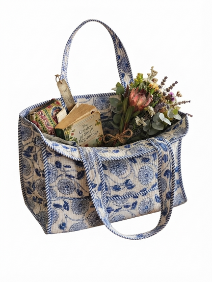 Blue Floral Print Quilted Cotton Tote Bag for Women | Hand Block Inspired Shoulder Bag | Everyday Shopping & Travel Tote