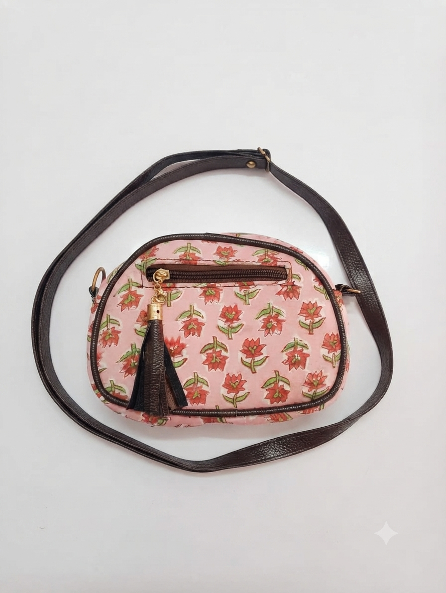 Handcrafted Floral Print Cotton Sling Bag | Pink Crossbody Shoulder Bag with Tassel | Lightweight Everyday Travel Purse for Women