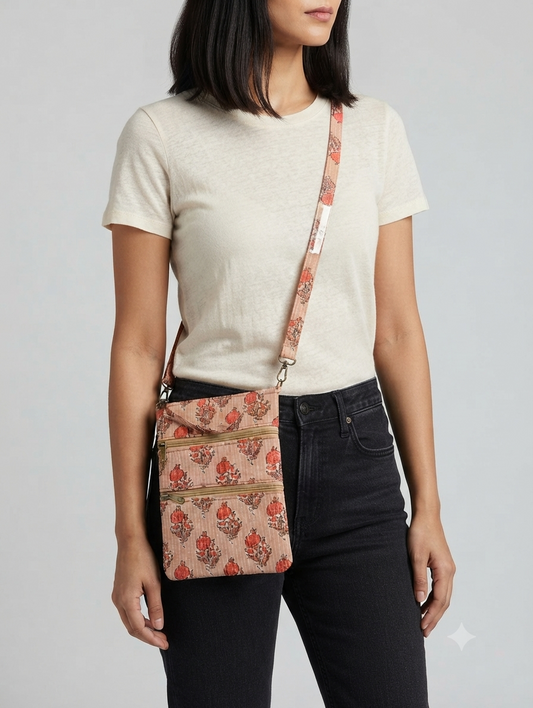Women's Peach Floral Printed Cotton Sling Bag | Lightweight Crossbody Travel Pouch with Adjustable Strap
