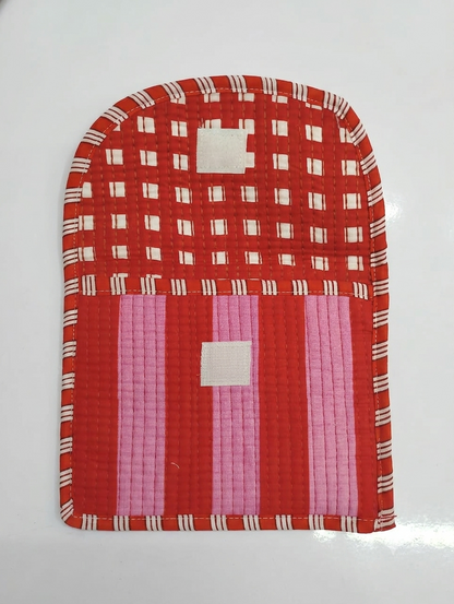 Red & Pink Striped Quilted Cotton Hand Purse for Women | Padded Clutch Wallet | Multipurpose Organizer