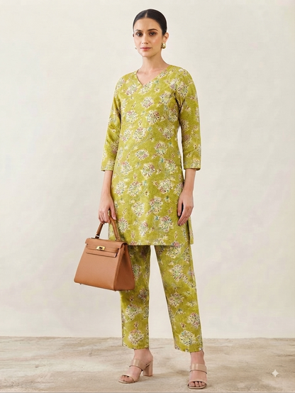 Yellow Floral Print Hip-Length Kurta with Pants Co-ord Set