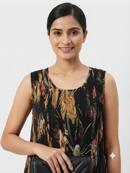 Pleated Abstract Print Shift Dress