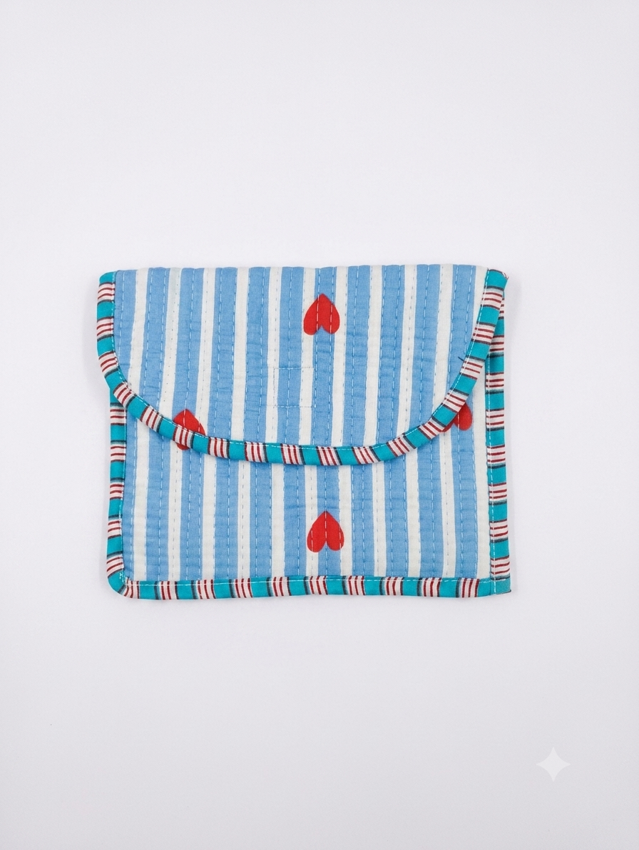 Handcrafted Quilted Cotton Hand Purse | Blue Striped Multipurpose Organizer Pouch with Heart Print | Lightweight Travel & Daily Use Wallet