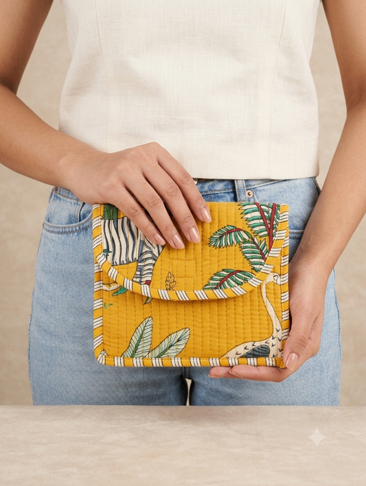 Handcrafted Quilted Cotton Hand Purse | Mustard Safari Print Multipurpose Organizer Pouch | Lightweight Travel & Daily Use