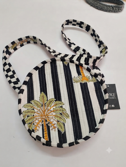 Handcrafted Quilted Cotton Round Sling Bag | Black & White Palm Tree Print Crossbody Bag | Lightweight Everyday Travel Purse for Women