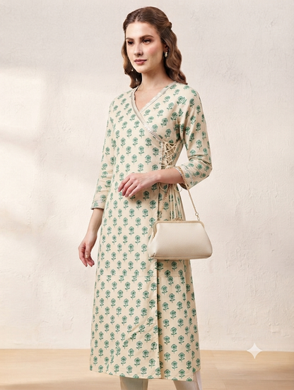 Women's Beige & Green Floral Printed Cotton Angrakha Kurti | Knee Length | Side Knot Tie-Up | V-Neck | 3/4 Sleeves