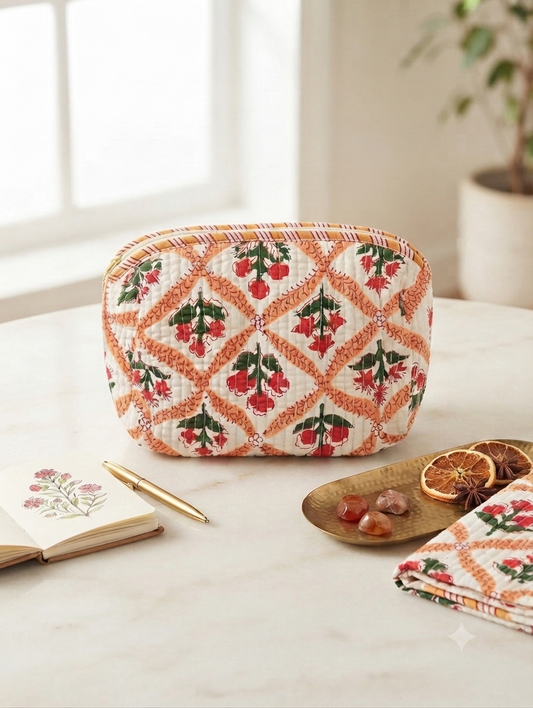 Quilted Cotton Floral Toiletry Kit | Travel Makeup & Cosmetic Organizer Pouch