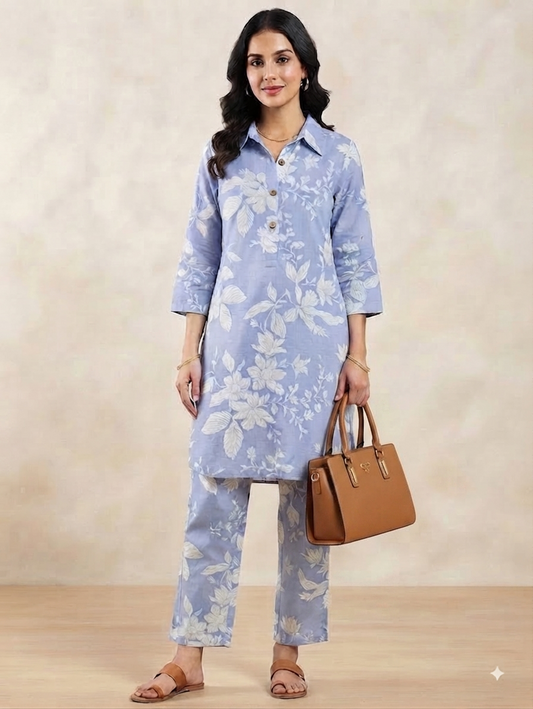 Icy purple floral two-piece women's co-ord set.