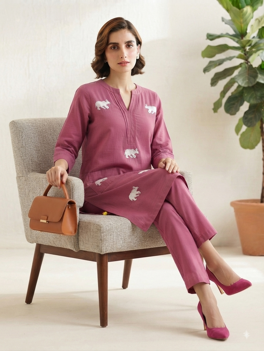 Pink Elephant Embroidered Knee-Length Kurta with Pants Co-ord Set – Khadi Cotton