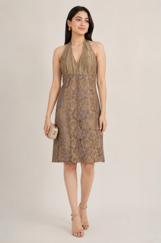 Halter-Neck Lace Overlay Sheath Dress