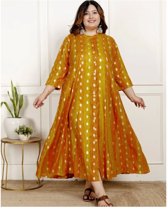 Mustard Rayon Golden Print Aline Kurta Plus Size-4100065