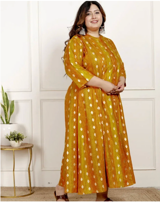 Mustard Rayon Golden Print Aline Kurta Plus Size-4100065