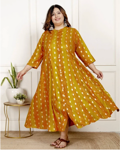 Mustard Rayon Golden Print Aline Kurta Plus Size-4100065