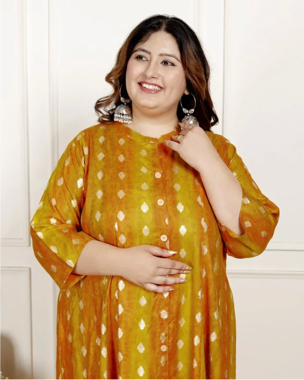 Mustard Rayon Golden Print Aline Kurta Plus Size-4100065