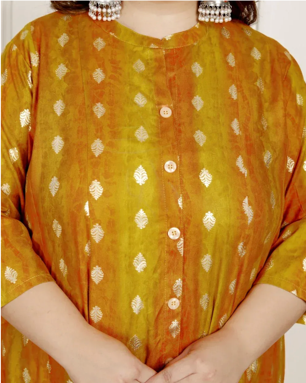 Mustard Rayon Golden Print Aline Kurta Plus Size-4100065