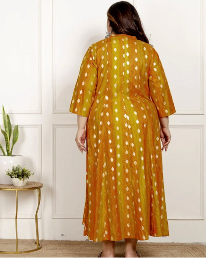 Mustard Rayon Golden Print Aline Kurta Plus Size-4100065