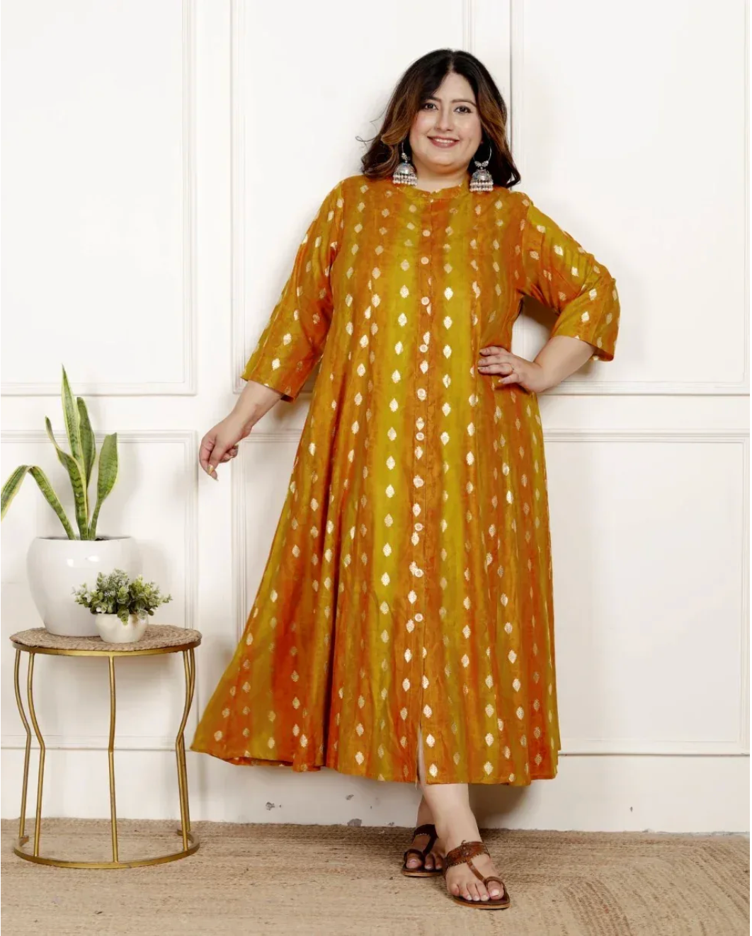 Mustard Rayon Golden Print Aline Kurta Plus Size-4100065