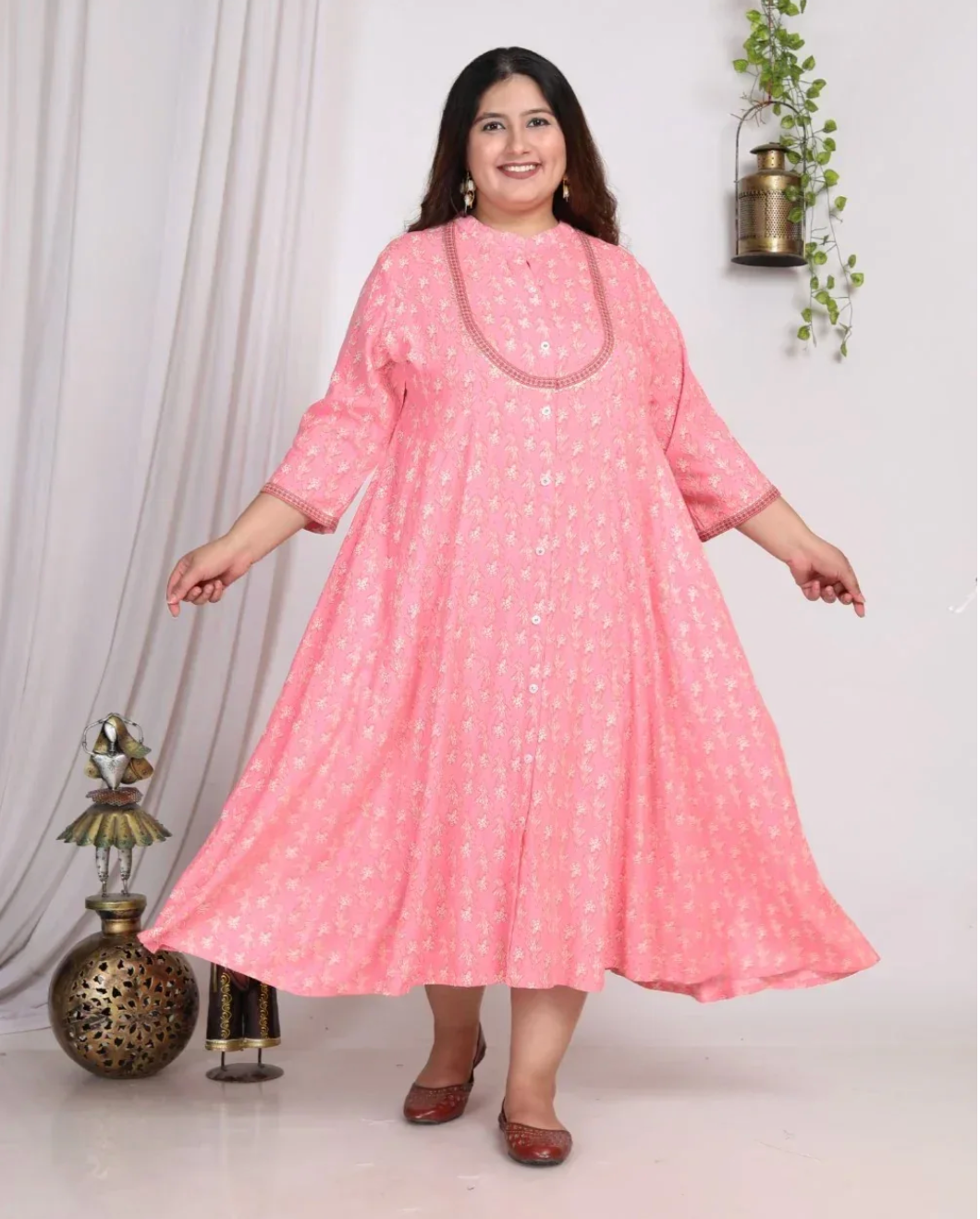 Pink Rayon Floral Print A Line Long Dress Plus Size-400007