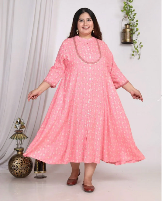 Pink Rayon Floral Print A Line Long Dress Plus Size-400007