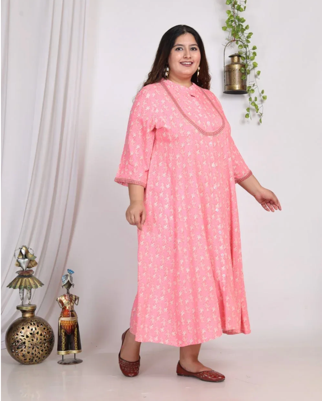 Pink Rayon Floral Print A Line Long Dress Plus Size-400007