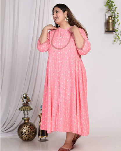 Pink Rayon Floral Print A Line Long Dress Plus Size-400007