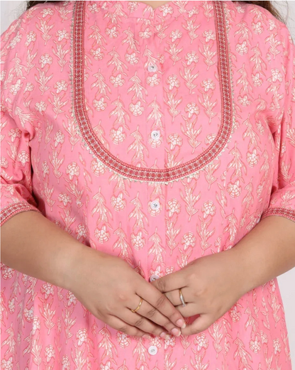 Pink Rayon Floral Print A Line Long Dress Plus Size-400007