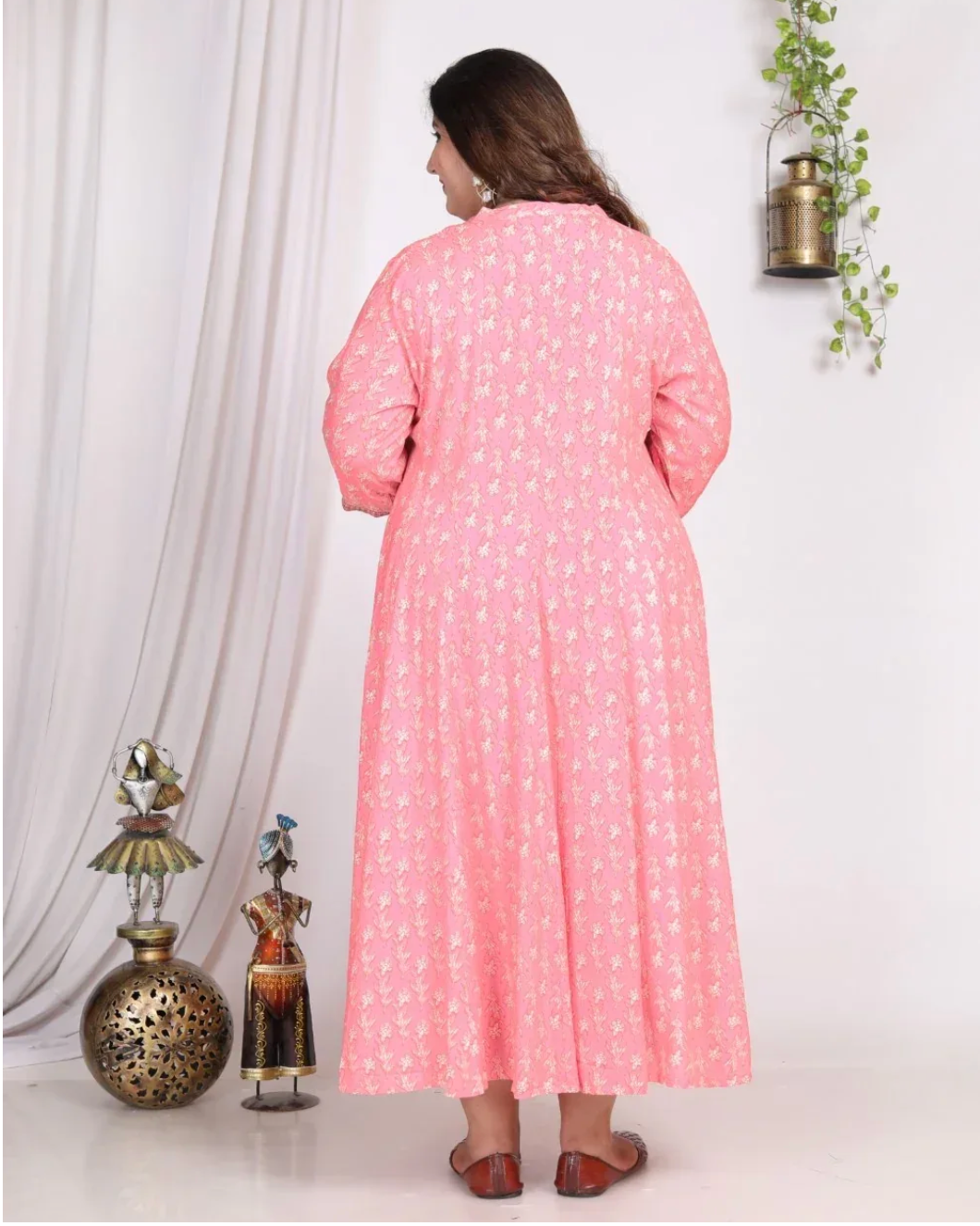 Pink Rayon Floral Print A Line Long Dress Plus Size-400007
