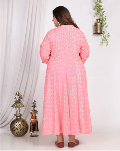 Pink Rayon Floral Print A Line Long Dress Plus Size-400007