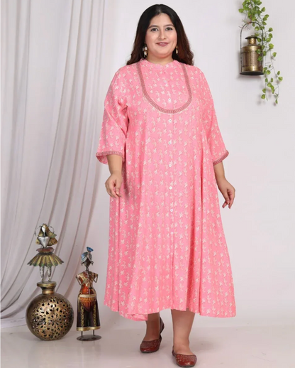 Pink Rayon Floral Print A Line Long Dress Plus Size-400007
