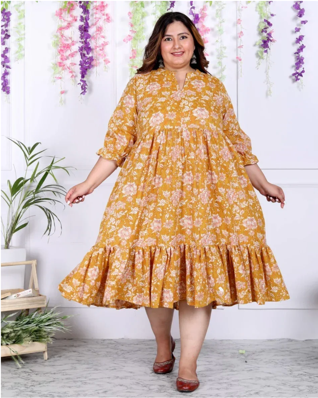 Yellow Cotton Flared Frock Style Plus Size-600008