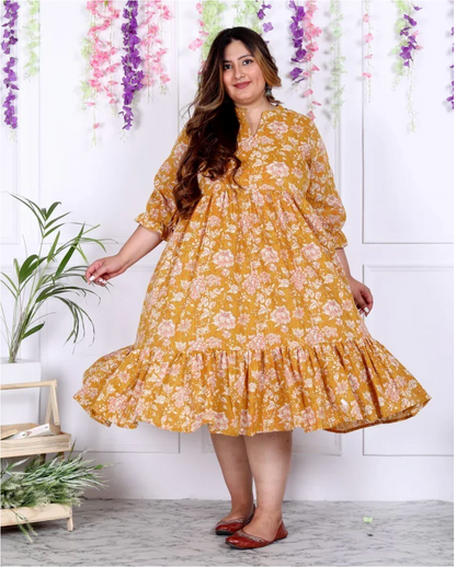 Yellow Cotton Flared Frock Style Plus Size-600008