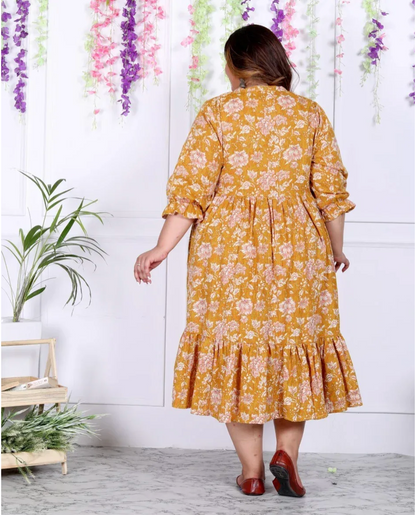 Yellow Cotton Flared Frock Style Plus Size-600008