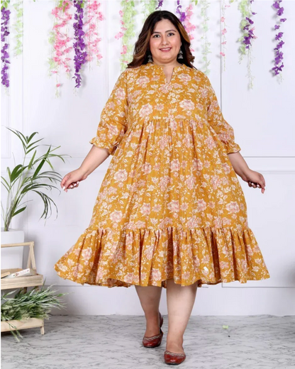 Yellow Cotton Flared Frock Style Plus Size-600008