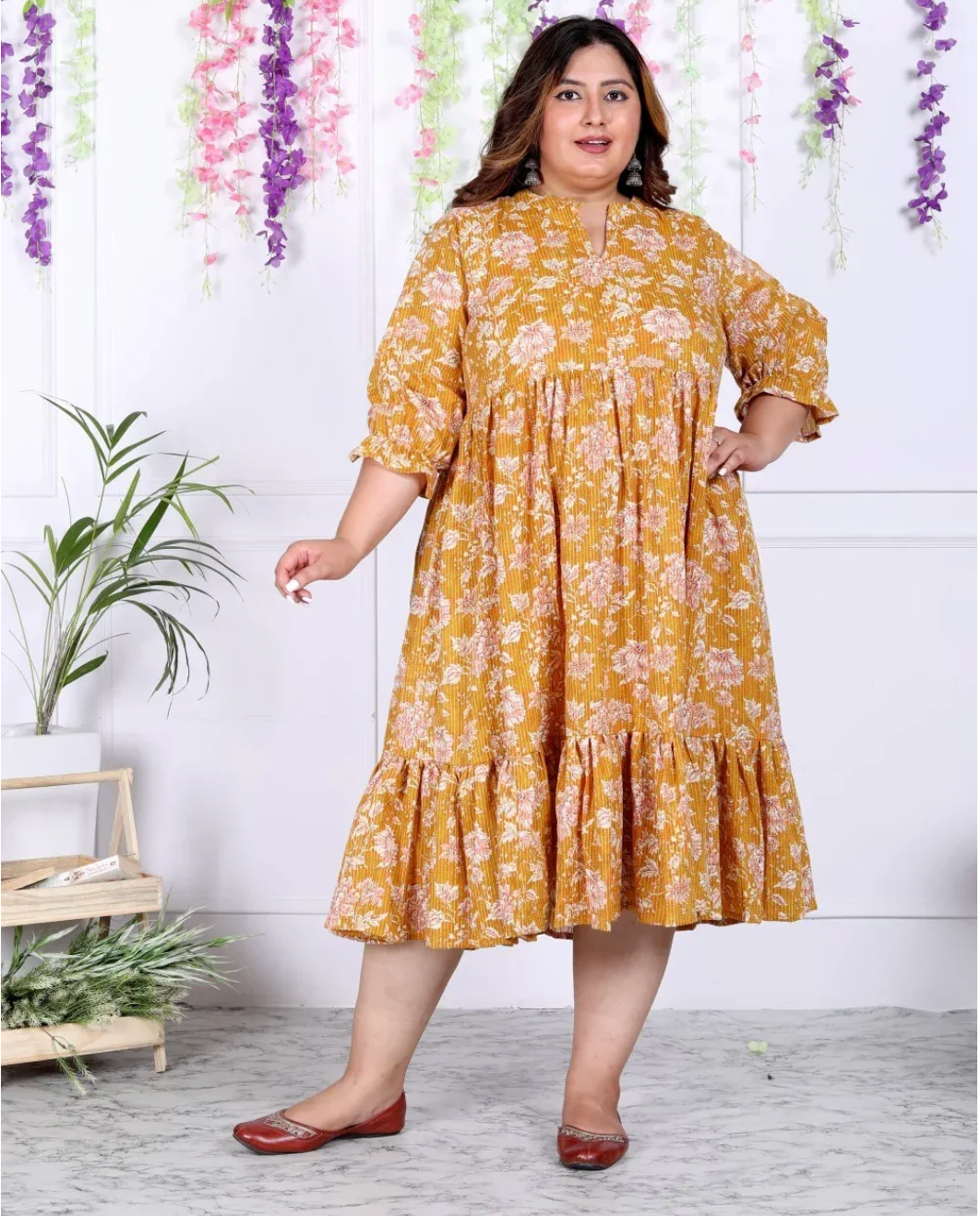 Yellow Cotton Flared Frock Style Plus Size-600008