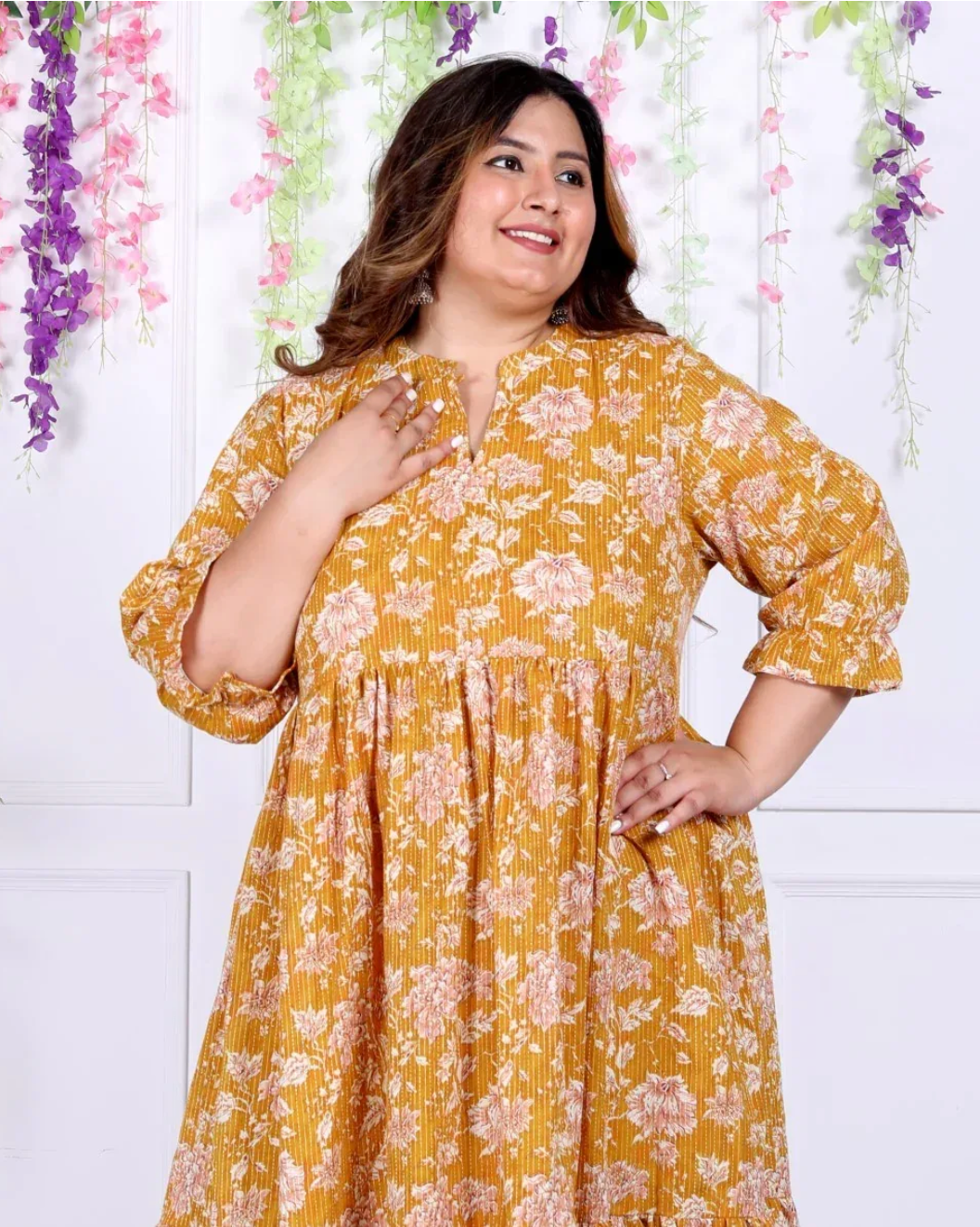 Yellow Cotton Flared Frock Style Plus Size-600008