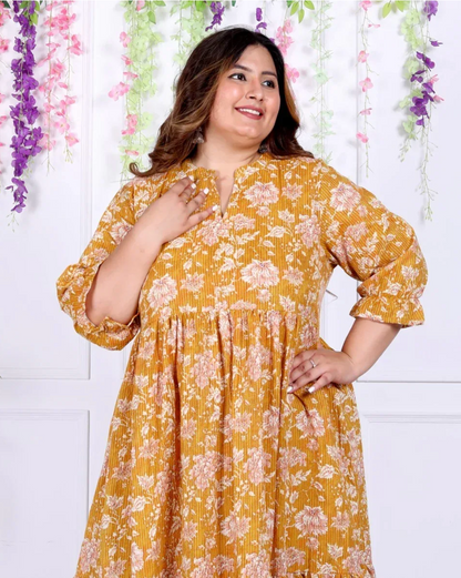 Yellow Cotton Flared Frock Style Plus Size-600008