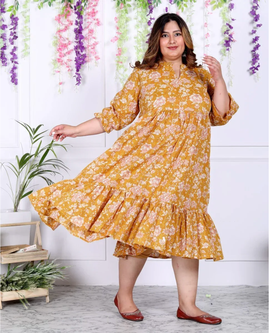 Yellow Cotton Flared Frock Style Plus Size-600008