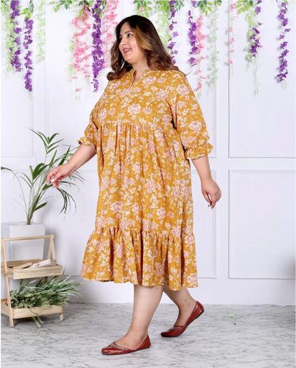 Yellow Cotton Flared Frock Style Plus Size-600008