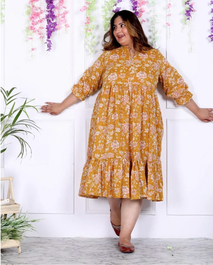 Yellow Cotton Flared Frock Style Plus Size-600008