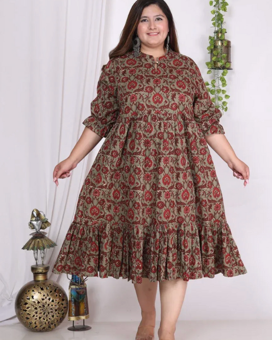 Rust Cotton Flared Plus Size Frock Style-600002