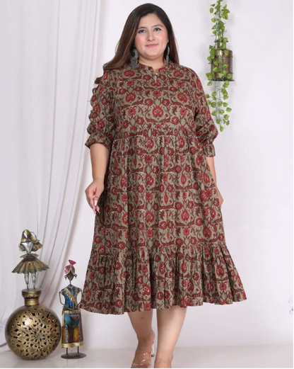 Rust Cotton Flared Plus Size Frock Style-600002