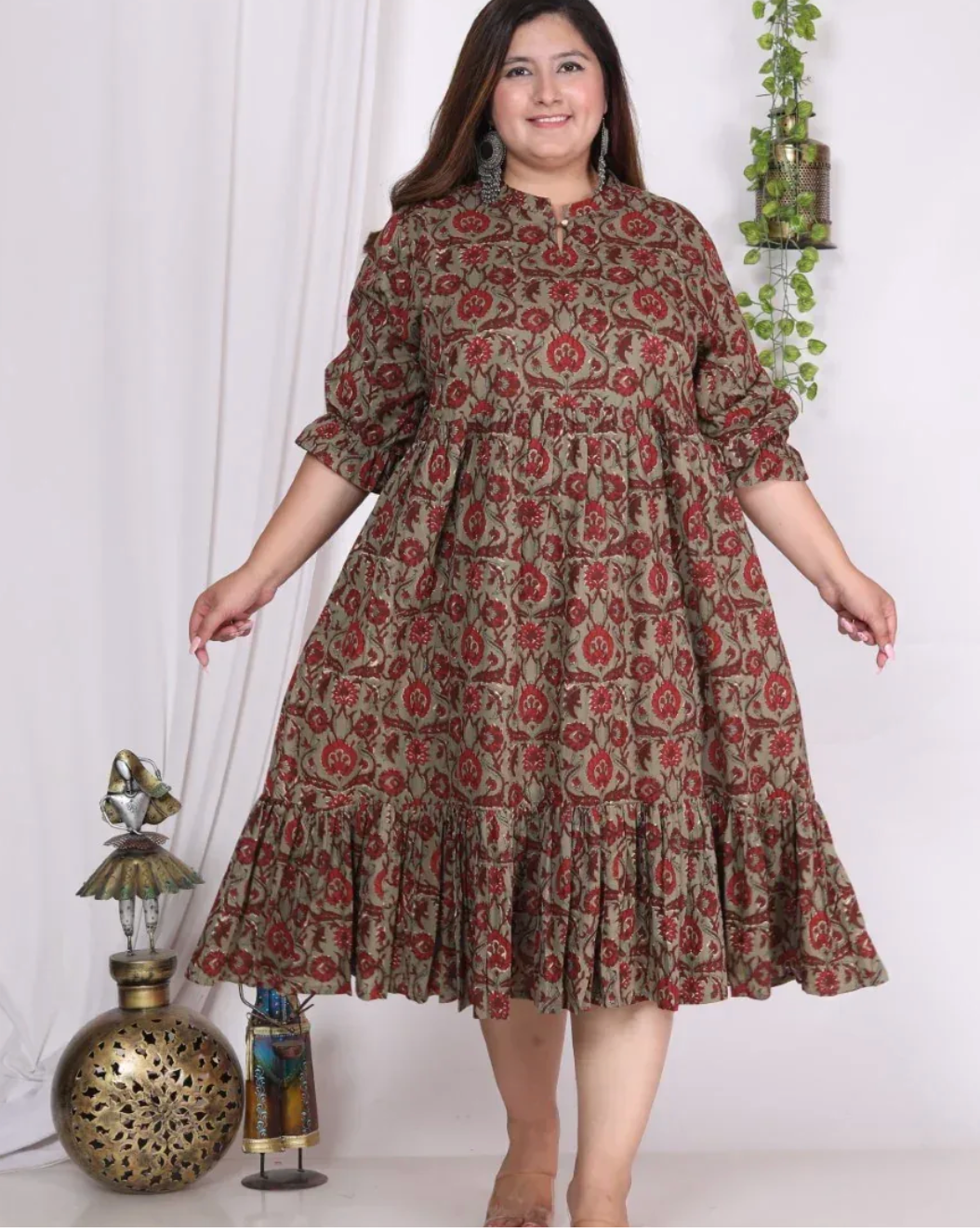 Rust Cotton Flared Plus Size Frock Style-600002