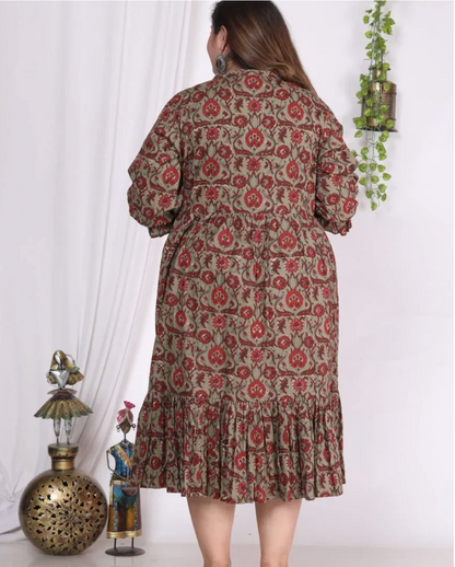 Rust Cotton Flared Plus Size Frock Style-600002