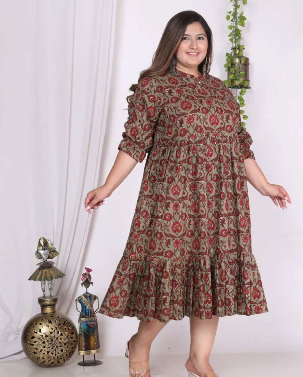 Rust Cotton Flared Plus Size Frock Style-600002