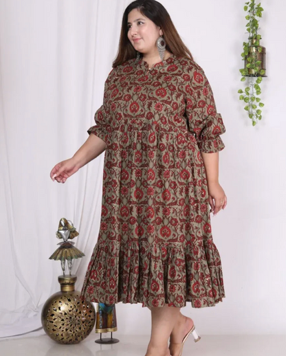 Rust Cotton Flared Plus Size Frock Style-600002