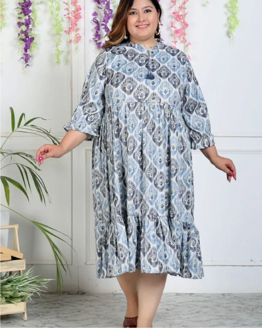 Plus Size Blue Rayon Flared Frock Style-600004
